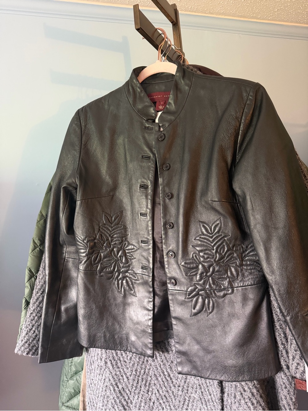 Margaret Godfrey Black Leather Embroidered Jacket sz 4 festival